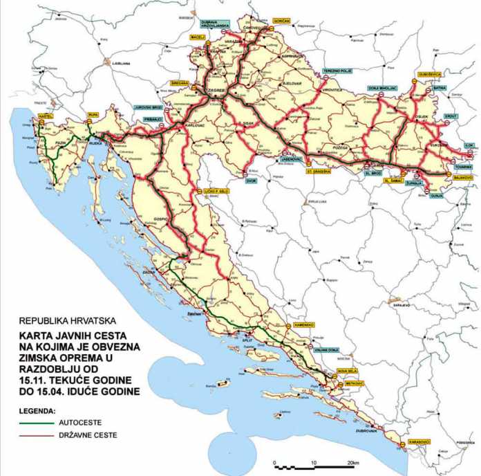 Udruga Convoy, karta dionica zimskih cesta u Hrvatskoj