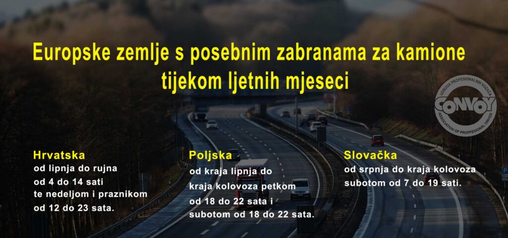Zabrane za kamione  uljetnim mjesecima, Hrvatska, Poljska, Slovačka.  Tako zvana vikend zabrana.