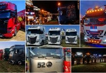 Collage of large colorful trucks parked in rows at a daytime truck show, with bright headlights and trailers on display.