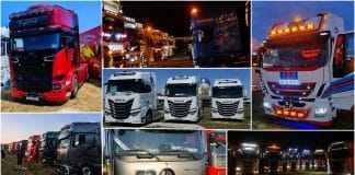 Collage of large colorful trucks parked in rows at a daytime truck show, with bright headlights and trailers on display.